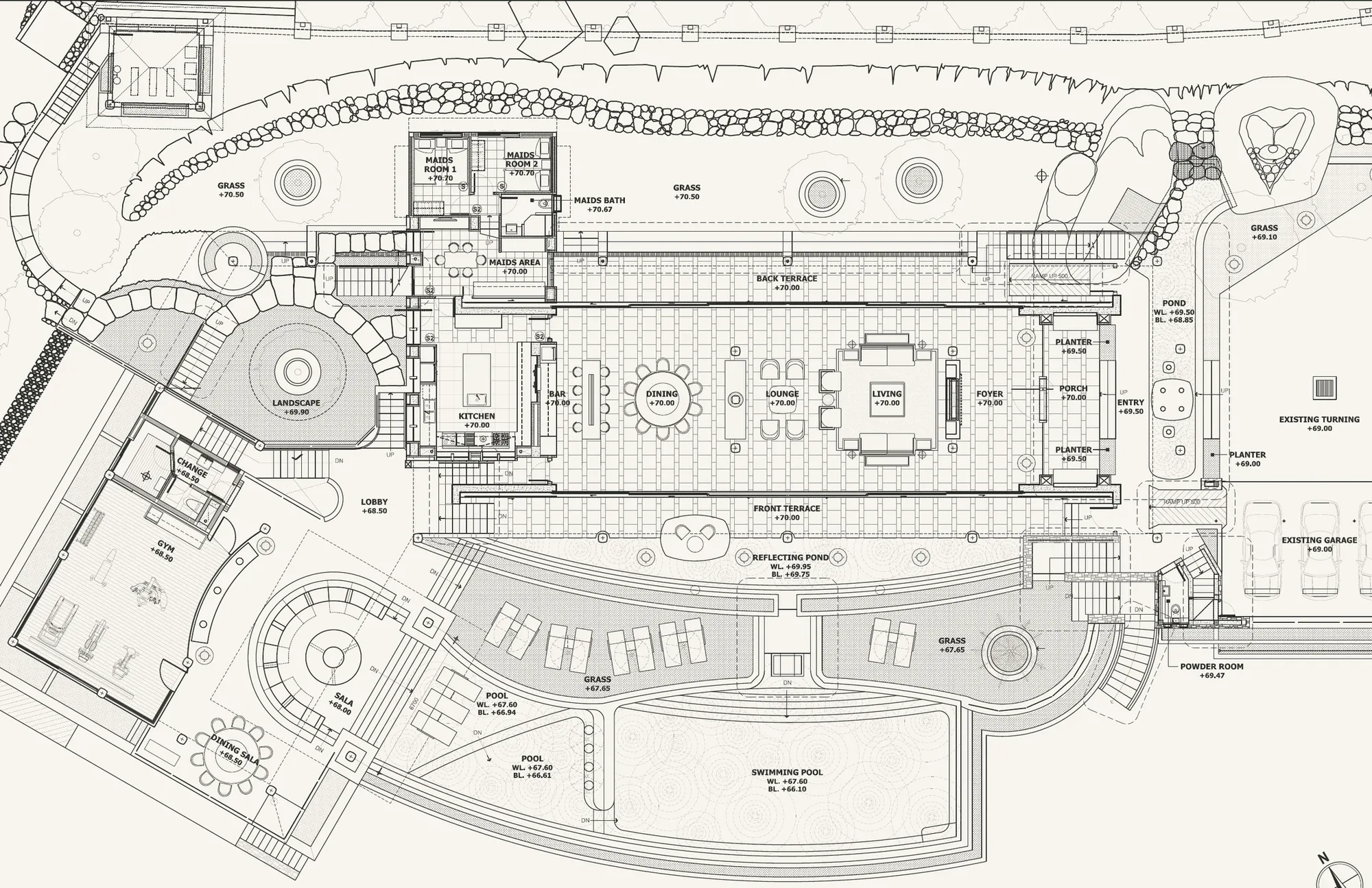 Villa Cascade arrival floor plan with living, dining, kitchen, courtyard, pool terrace, sala and indoor gym
