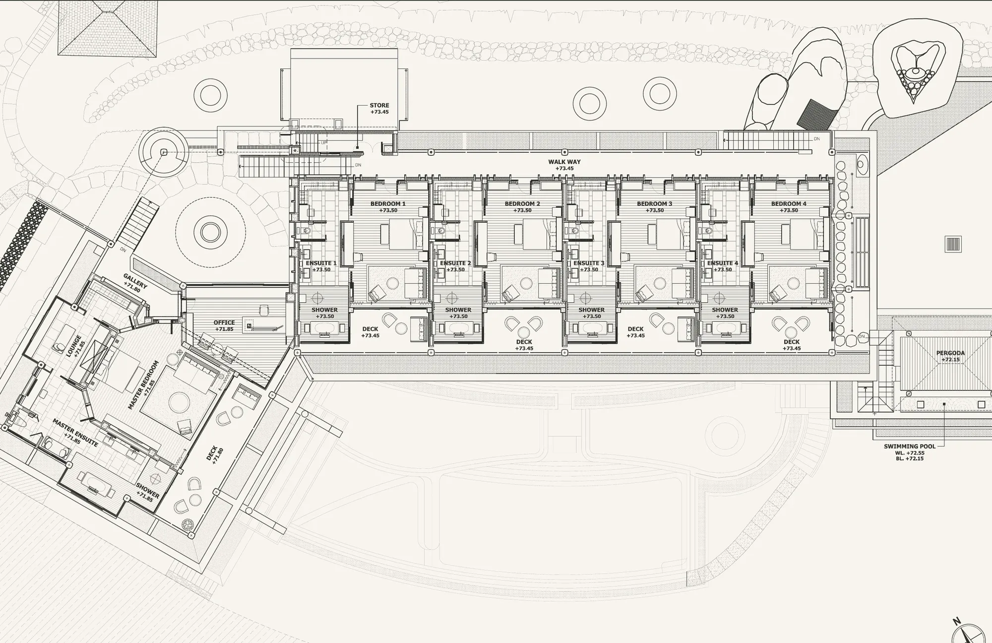 Villa Cascade upper floor plan: master suite and 4 guest suites with decks facing the sea