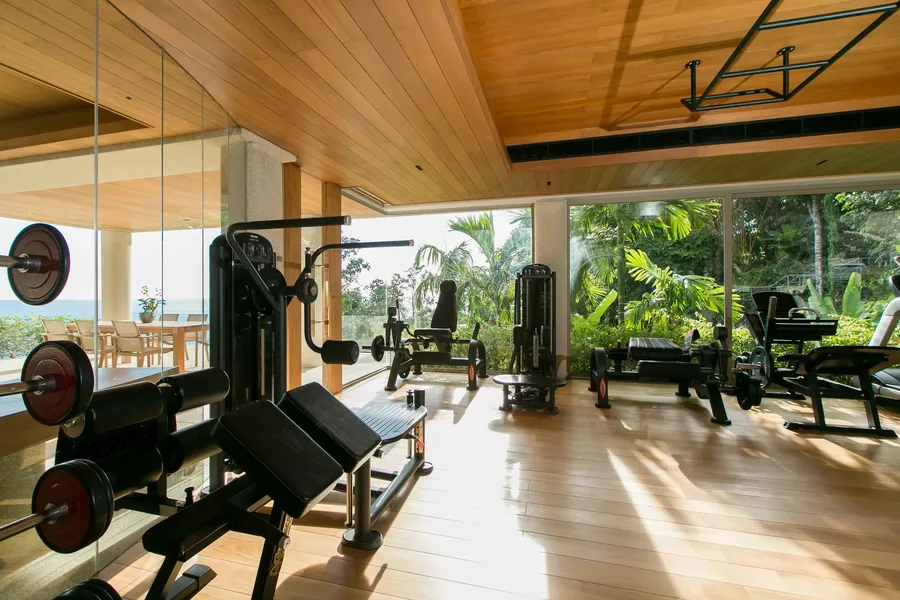 Indoor gym equipment facing the garden