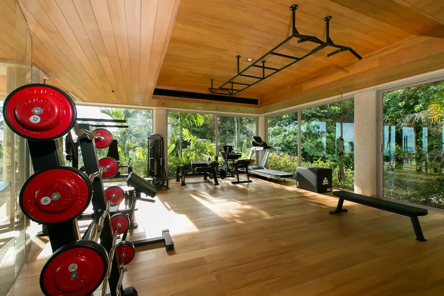 Indoor gym with free weights and garden views