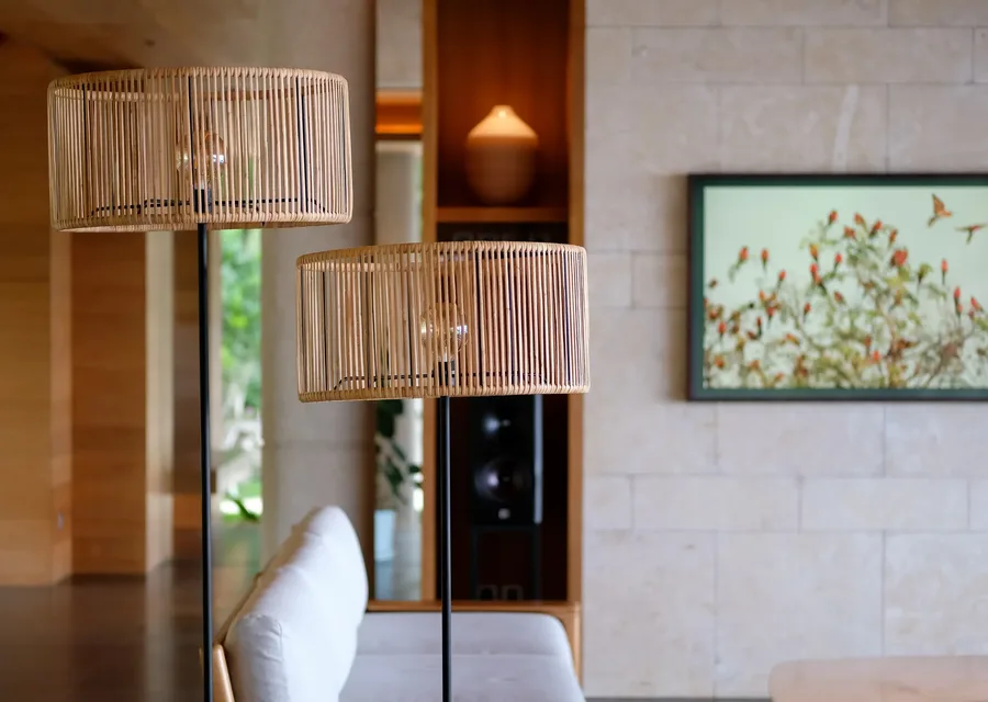 Living room detail with speaker and artwork