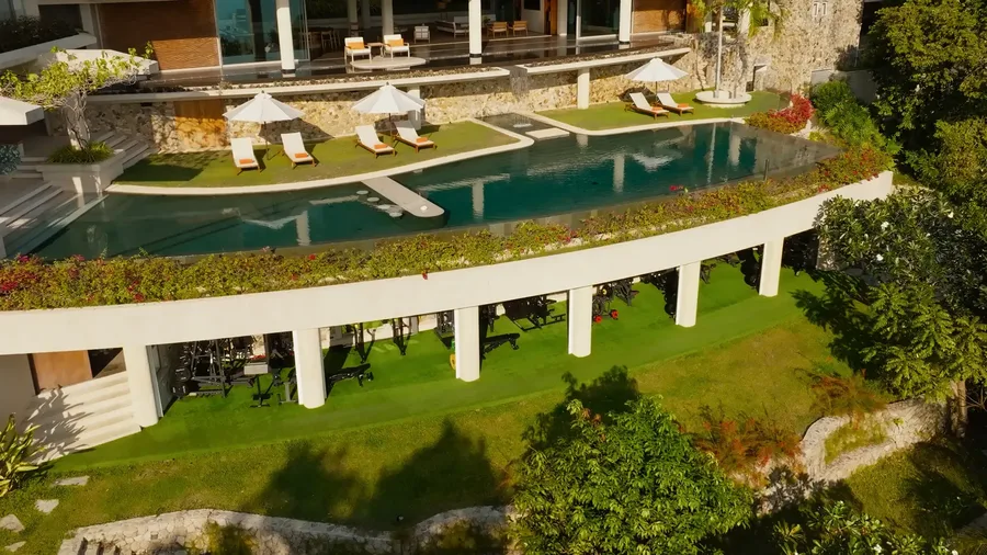 Pool terrace and lawn from above