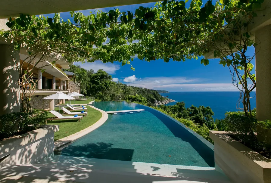 Infinity pool seen from under the vine pergola