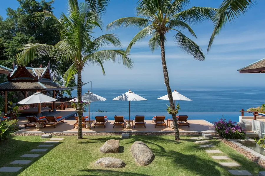 Oceanfront Lawn Opening to Infinity Pool and Andaman Sea at Villa Talaefun, Kamala, Phuket